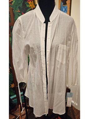 NEW Soda Blu Women's White Striped Cotton Button Shirt Drawstring Sleeves Size L